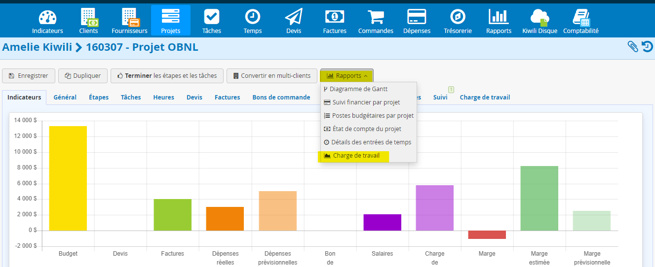 Rapport de charge de travail dans l onglet des projets ERP