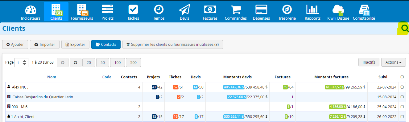 filtre de recherche de la segmentation client